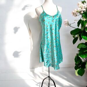 Vintage Turquoise Floral Satin Slip Dress – Y2K Fairycore Lingerie S/M